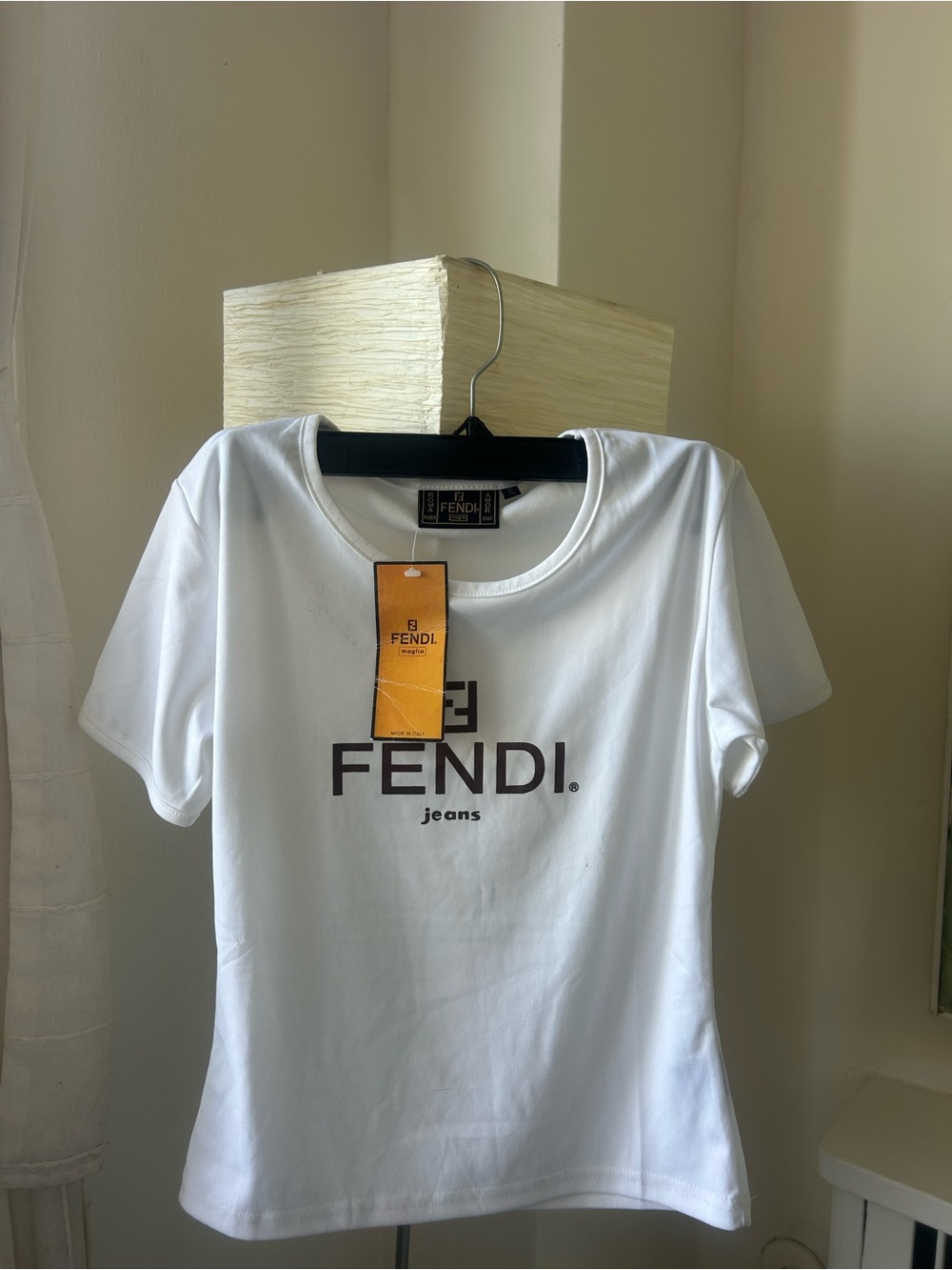Fendi White Short Sleeve Tee with Black Logo and Orange Tag